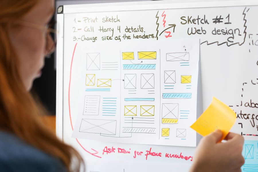 Team mapping information architecture on a whiteboard