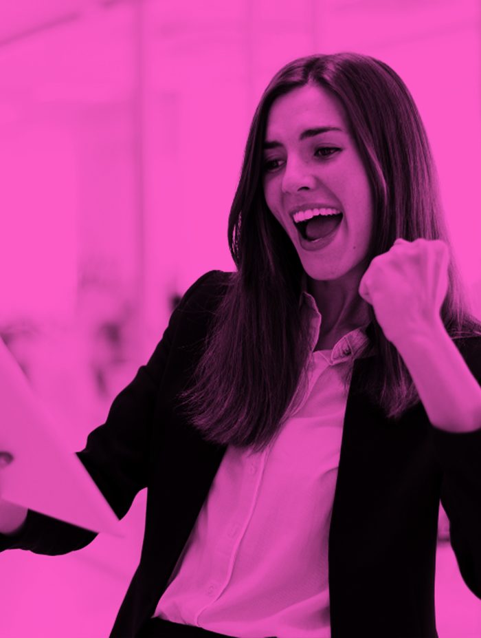 Excited person celebrating results, duotone magenta photo with growth chart overlay