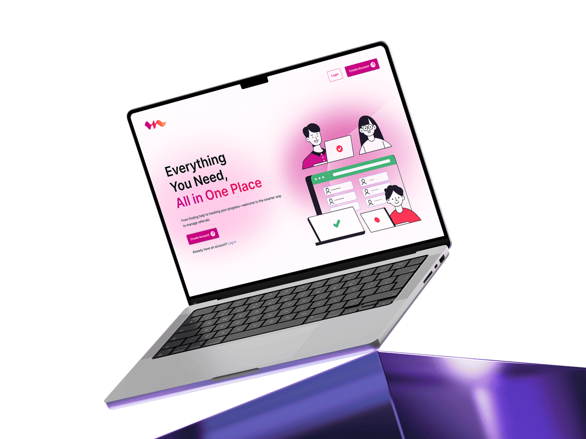 Laptop mockup showing the MyOneFlow referral platform welcome screen