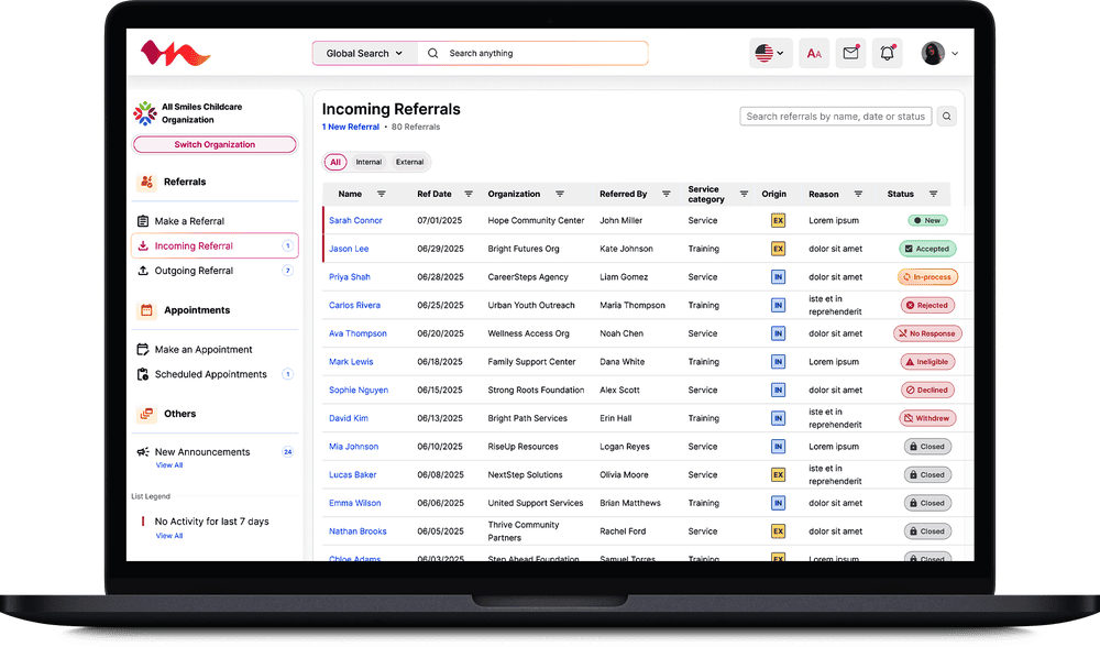 Laptop mockup: Incoming Referrals dashboard table