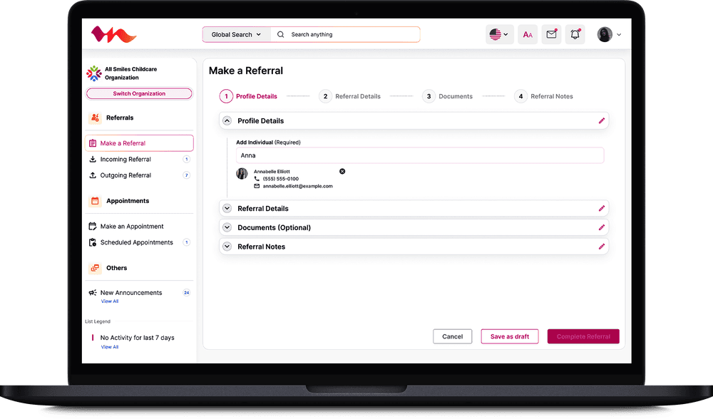Laptop mockup: Make a Referral form, profile details step
