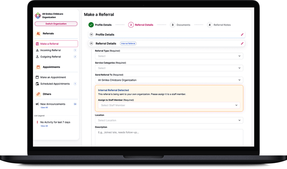 Laptop mockup: Make a Referral form, referral submitted confirmation