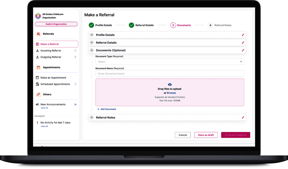 Laptop mockup: Make a Referral form, document upload step