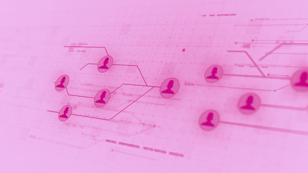 Abstract network diagram of connected referral profiles, magenta duotone