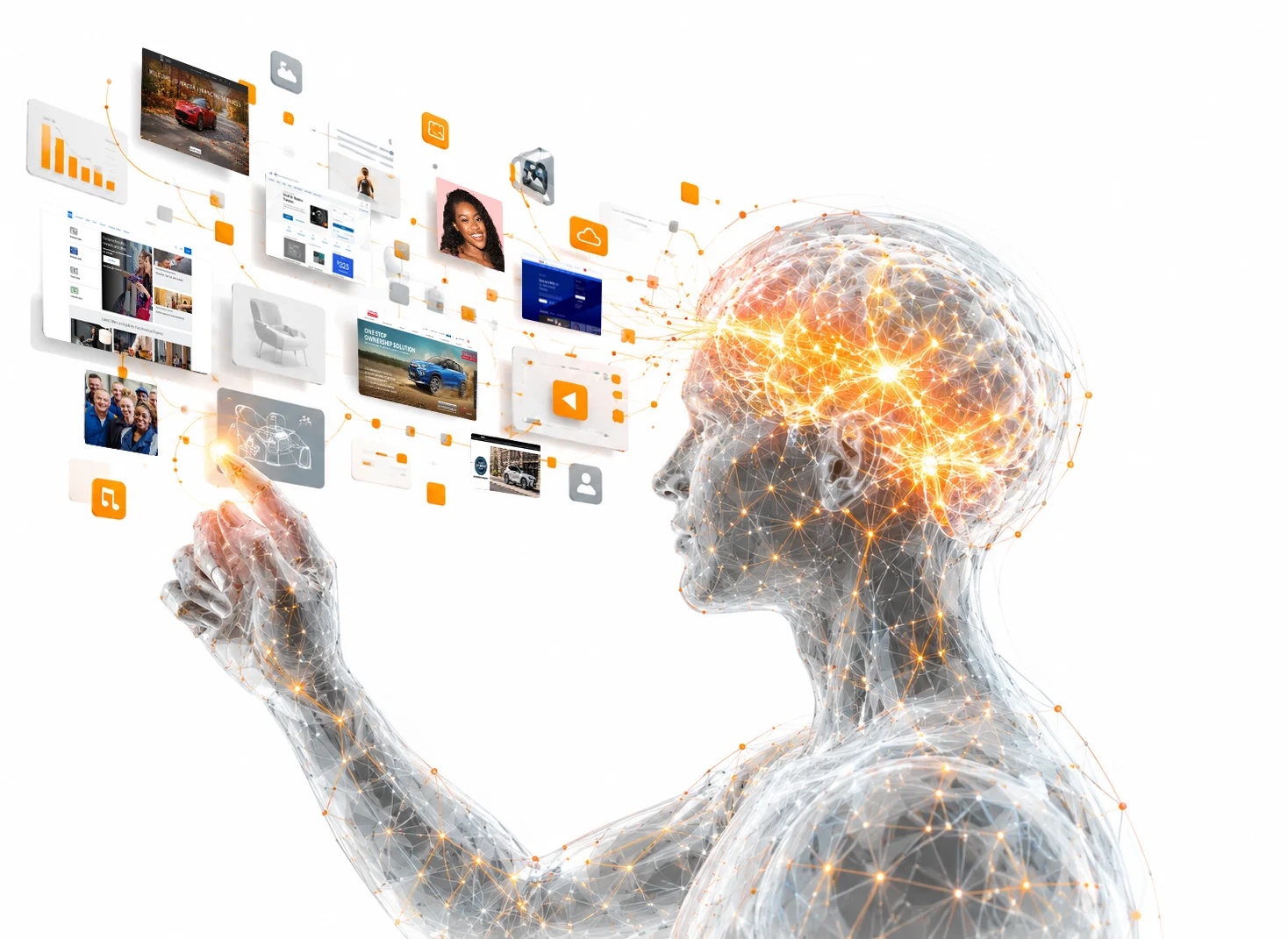 A translucent human head reaching toward floating interface screens and a glowing neural network