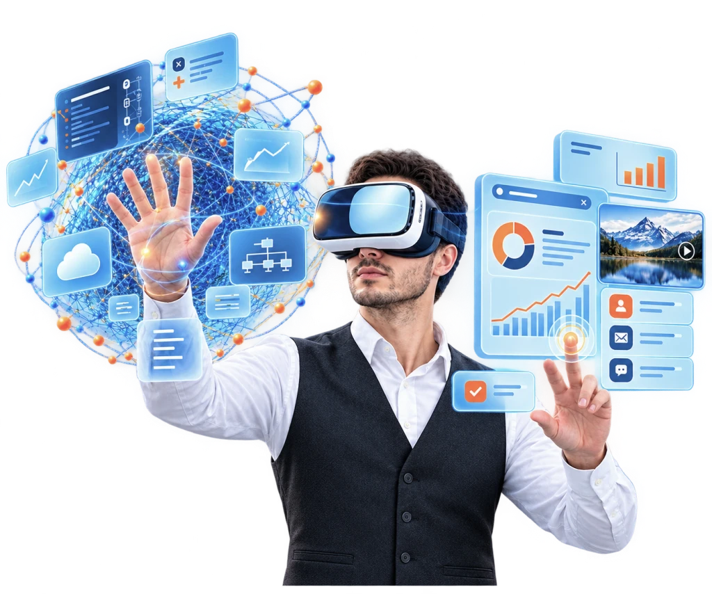 A man in a VR headset touching floating holographic data panels and a glowing network
